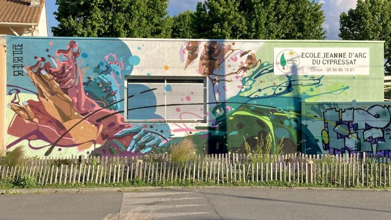 Fresque street art colorée réalisée par Lilee Imperator sur le mur d’une école à Cenon, lors de la Jam SLATE 25, avec des formes organiques et dynamiques.