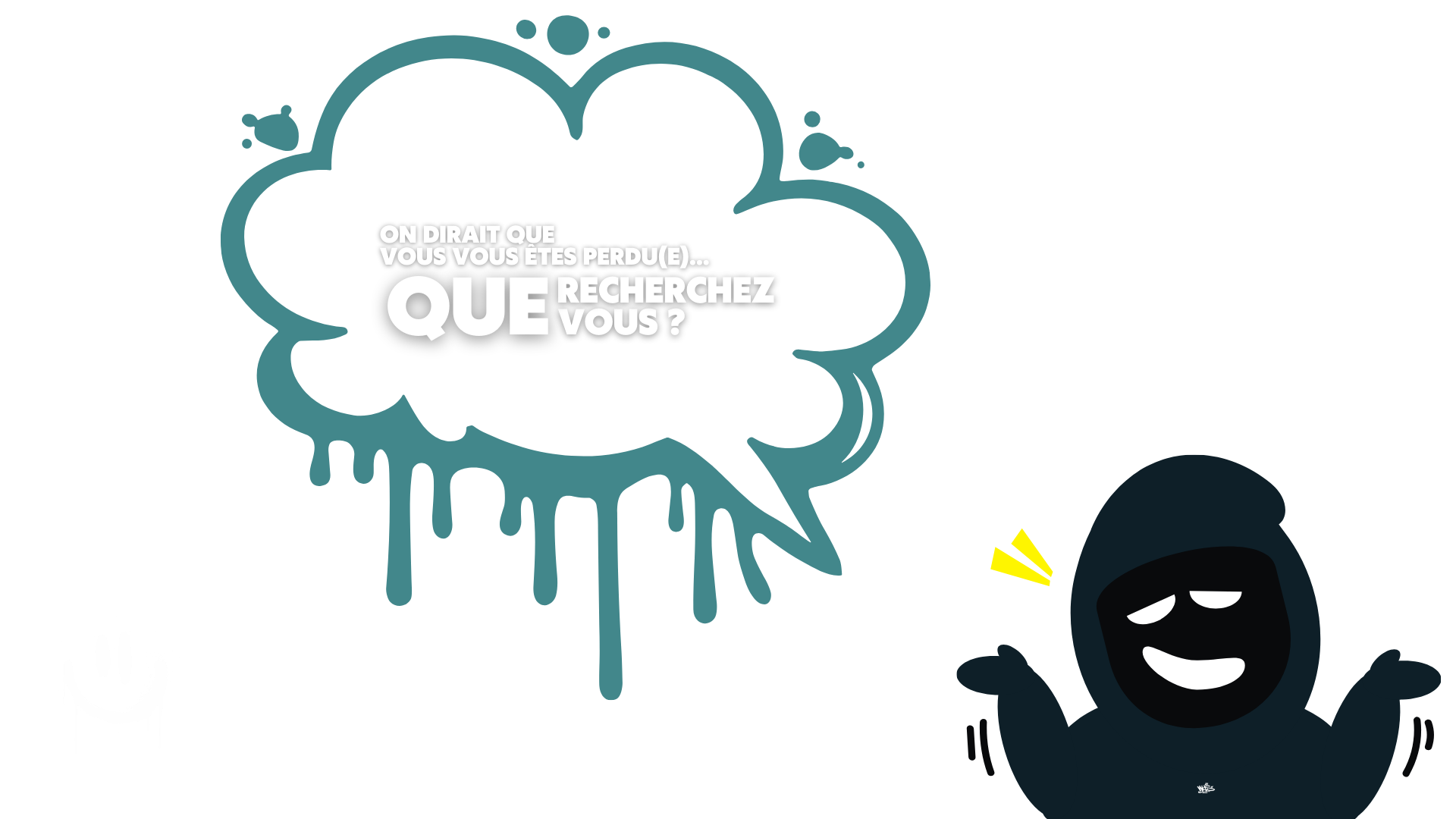 Illustration street art avec bulle graffiti et message de recherche sans résultat, accompagnée d’un personnage stylisé, sur fond noir pour le site WOLS Street Art.