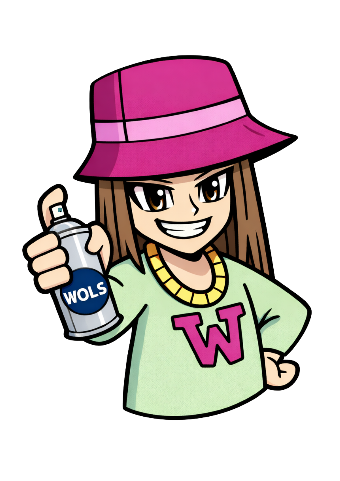 Illustration d’une fille graffeuse tenant une bombe de peinture WOLS, mascotte inspirée de la culture graffiti.