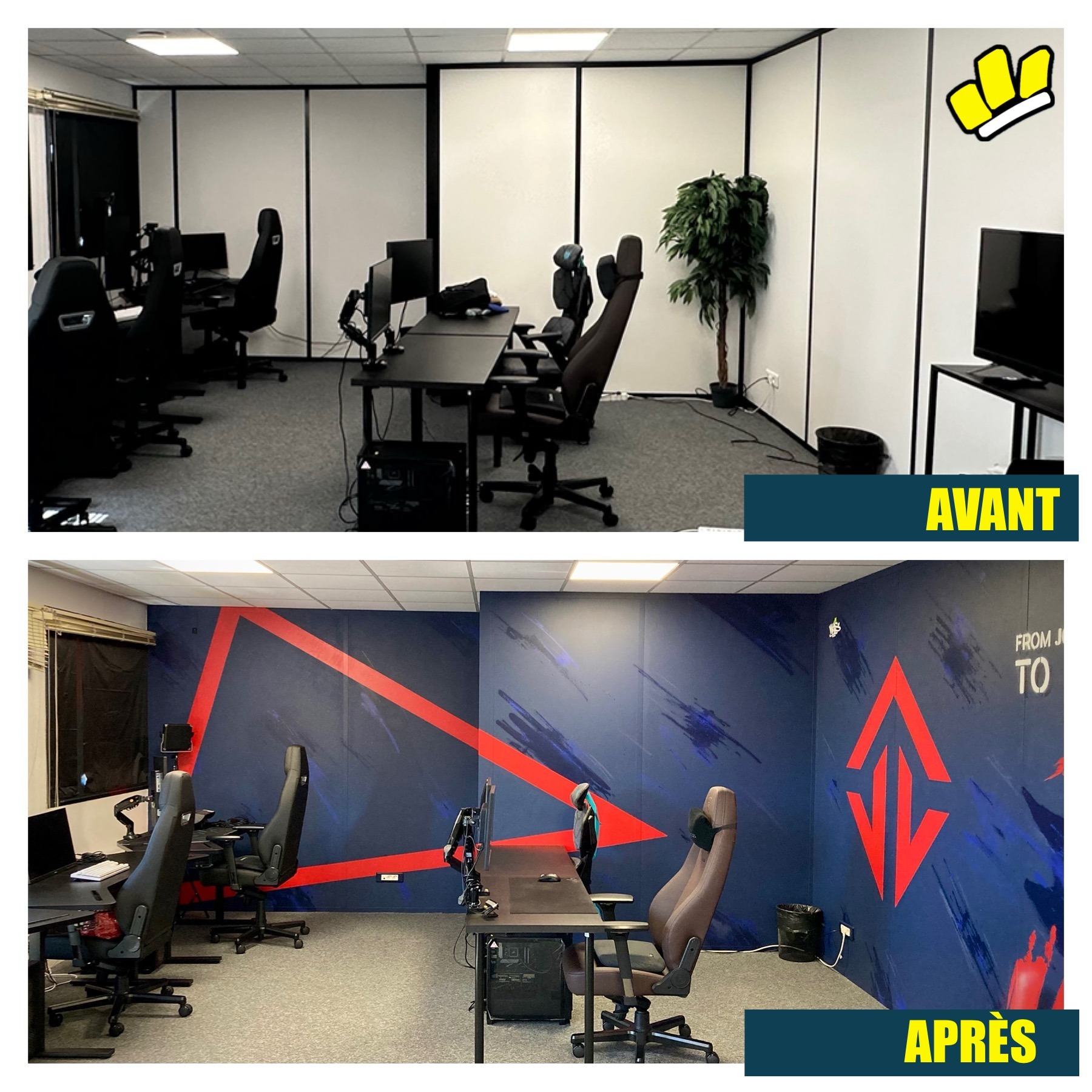 Transformation d’une salle gaming avant après fresque murale Joblife