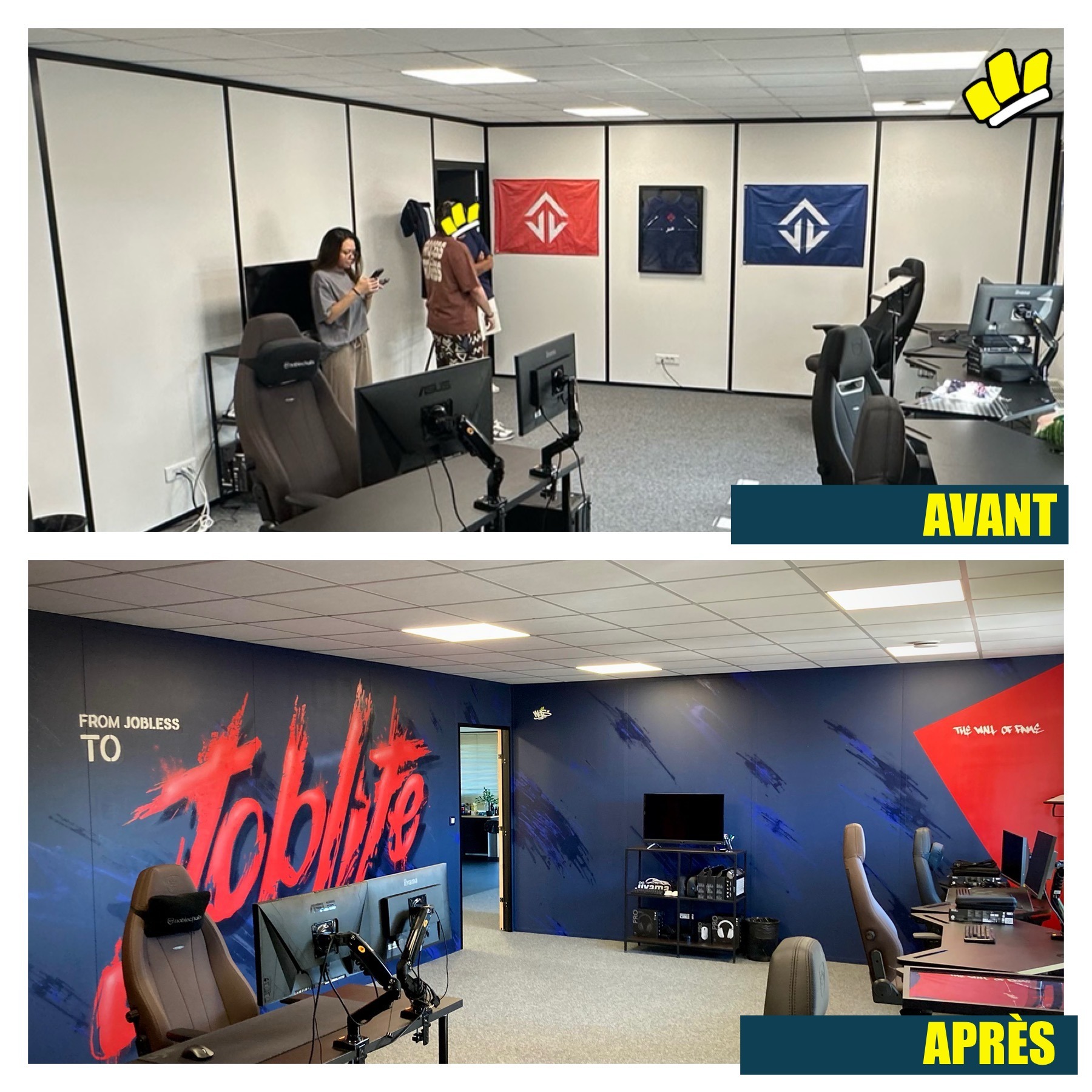 Avant après décoration murale gaming avec identité Joblife