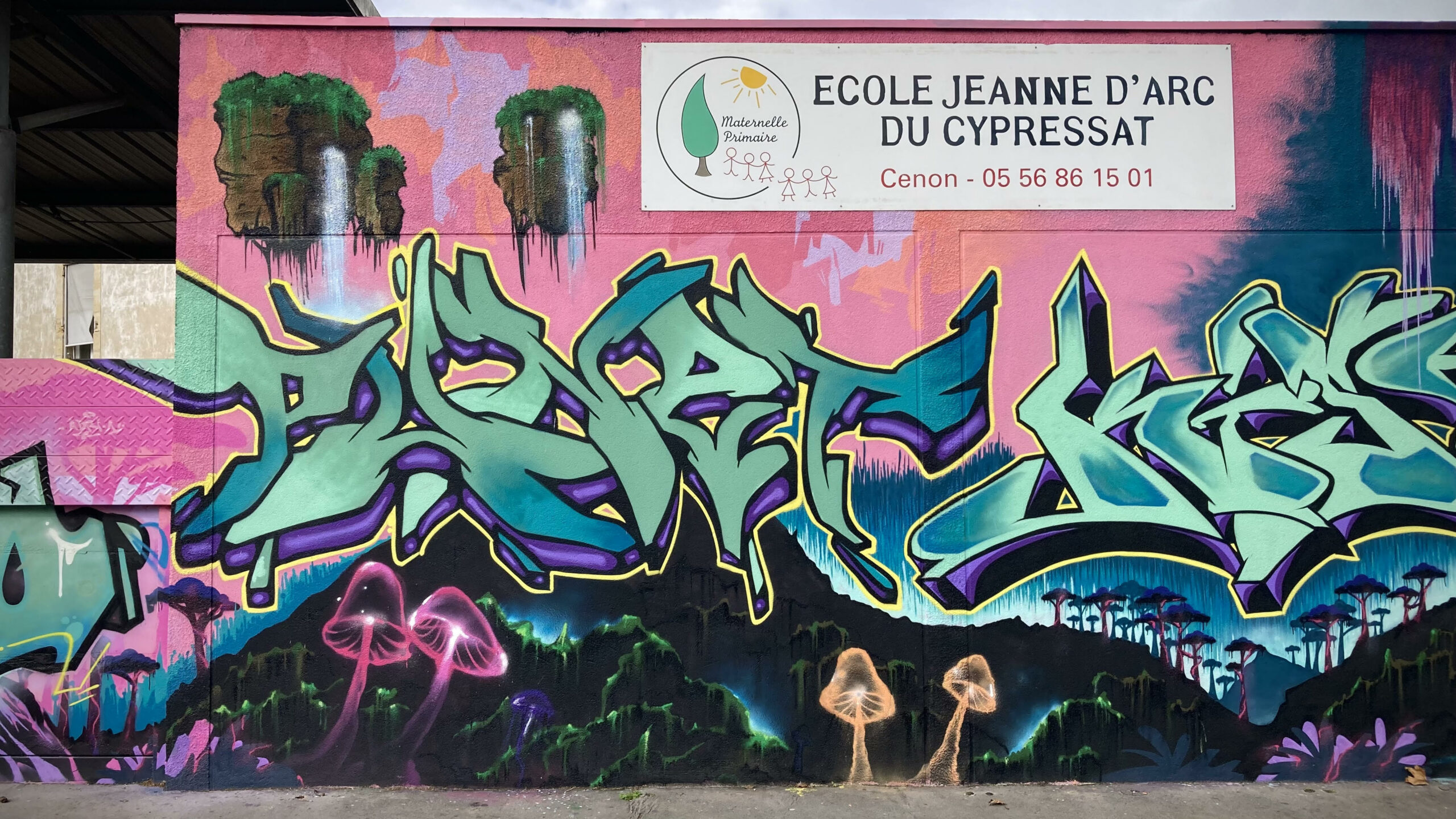 Fresque graffiti colorée devant l’école Jeanne d’Arc du Cypressat à Cenon