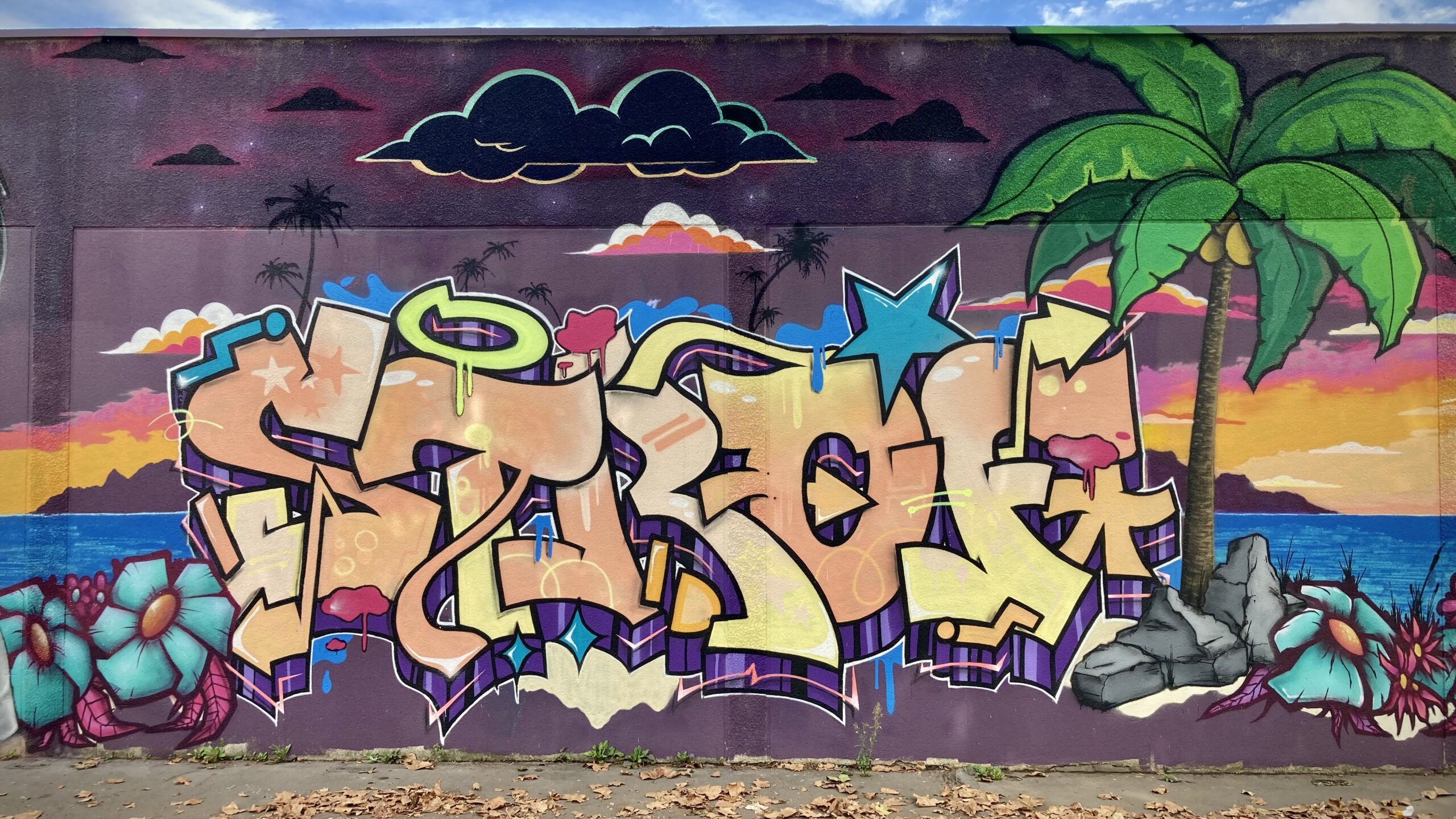 Lettrage graffiti avec fond coucher de soleil tropical et éléments colorés.