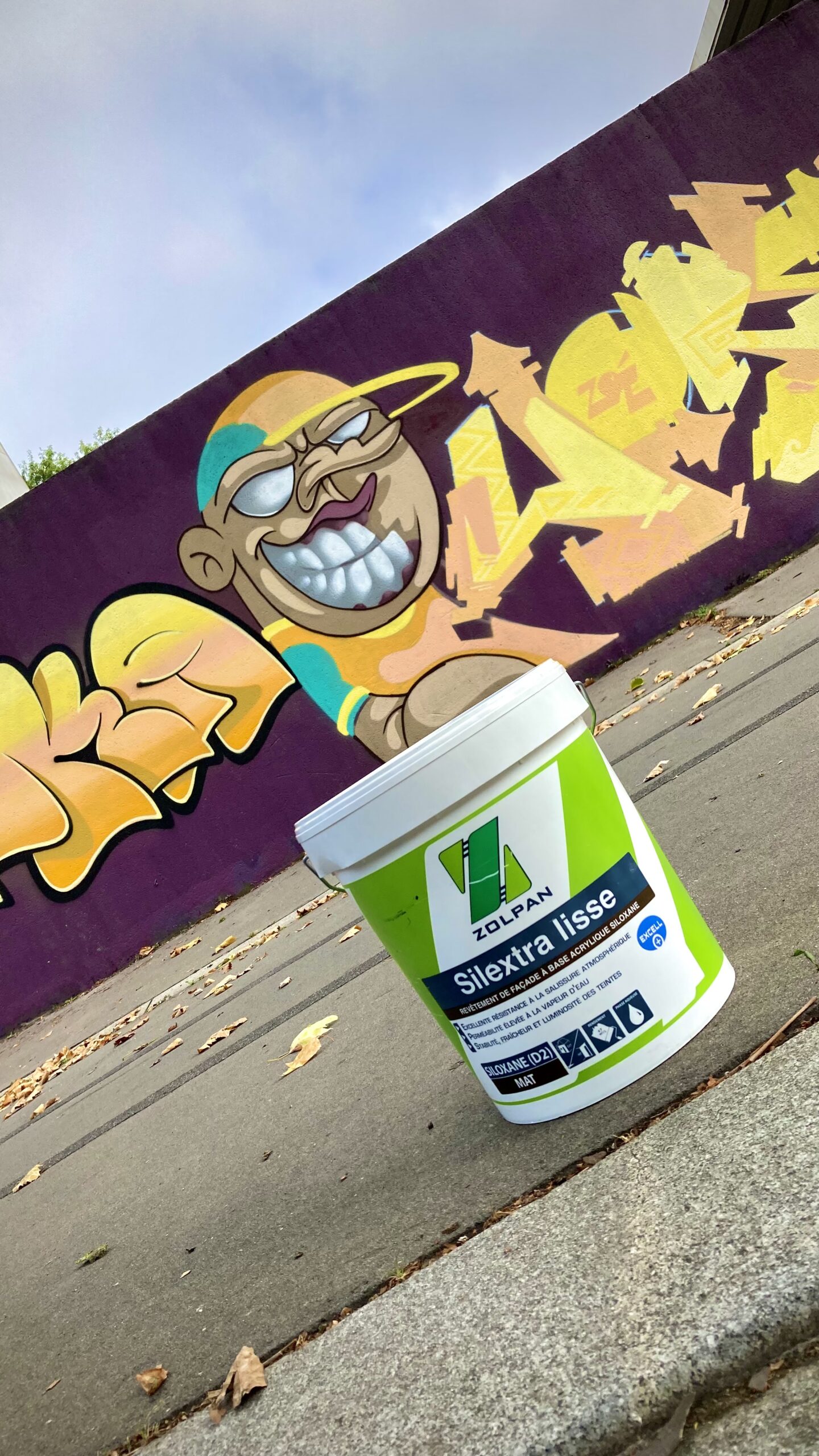 Seau de peinture Zolpan devant une fresque graffiti colorée à Cenon.