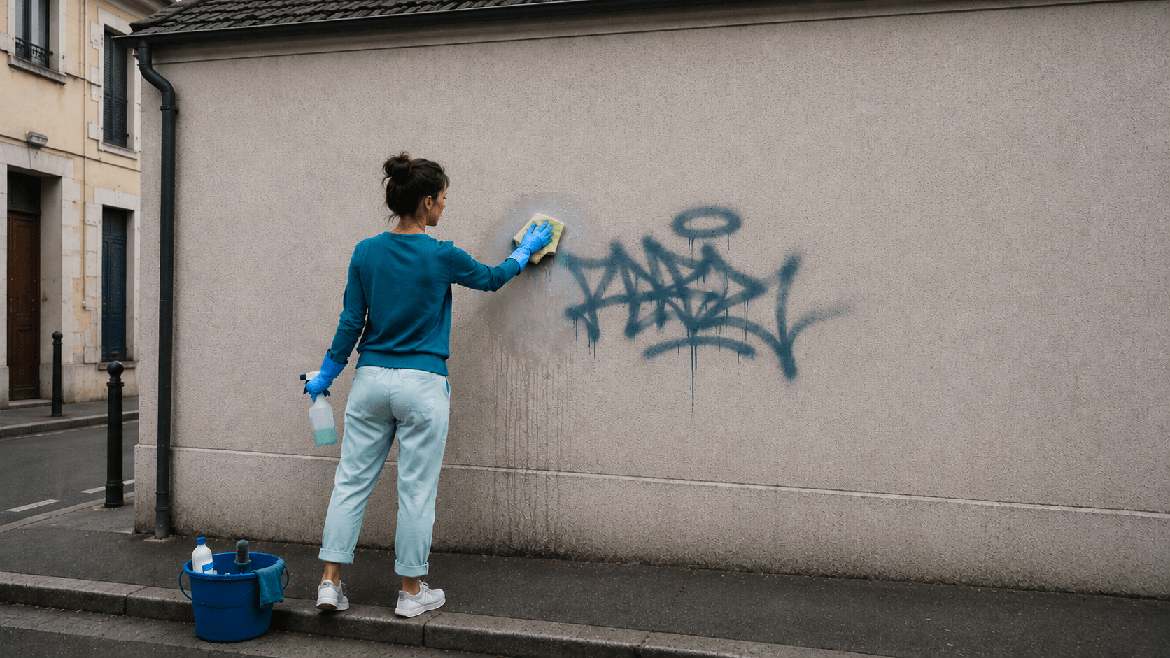 Femme nettoyant un tag graffiti bleu peint sur le mur d’une maison de ville.
