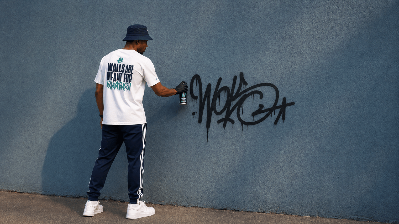 Tagueur du collectif WOLS réalisant un tag WOLS noir à la bombe de peinture sur un mur bleu.