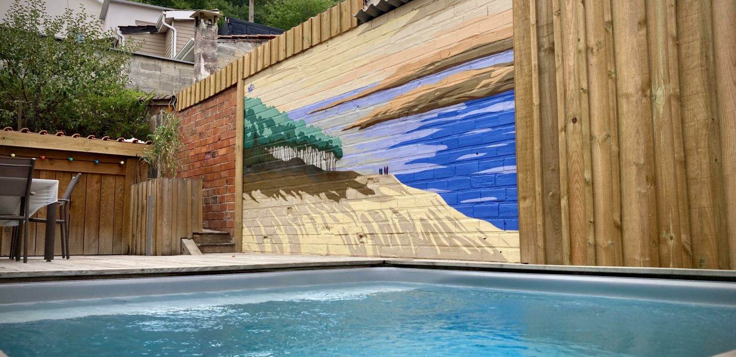 Vue panoramique de fresque murale Banc d’Arguin dans un jardin privé avec terrasse en bois et piscine.