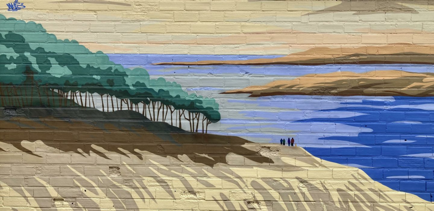 Détail de fresque artistique représentant le Banc d’Arguin et la Dune du Pyla en flat design.