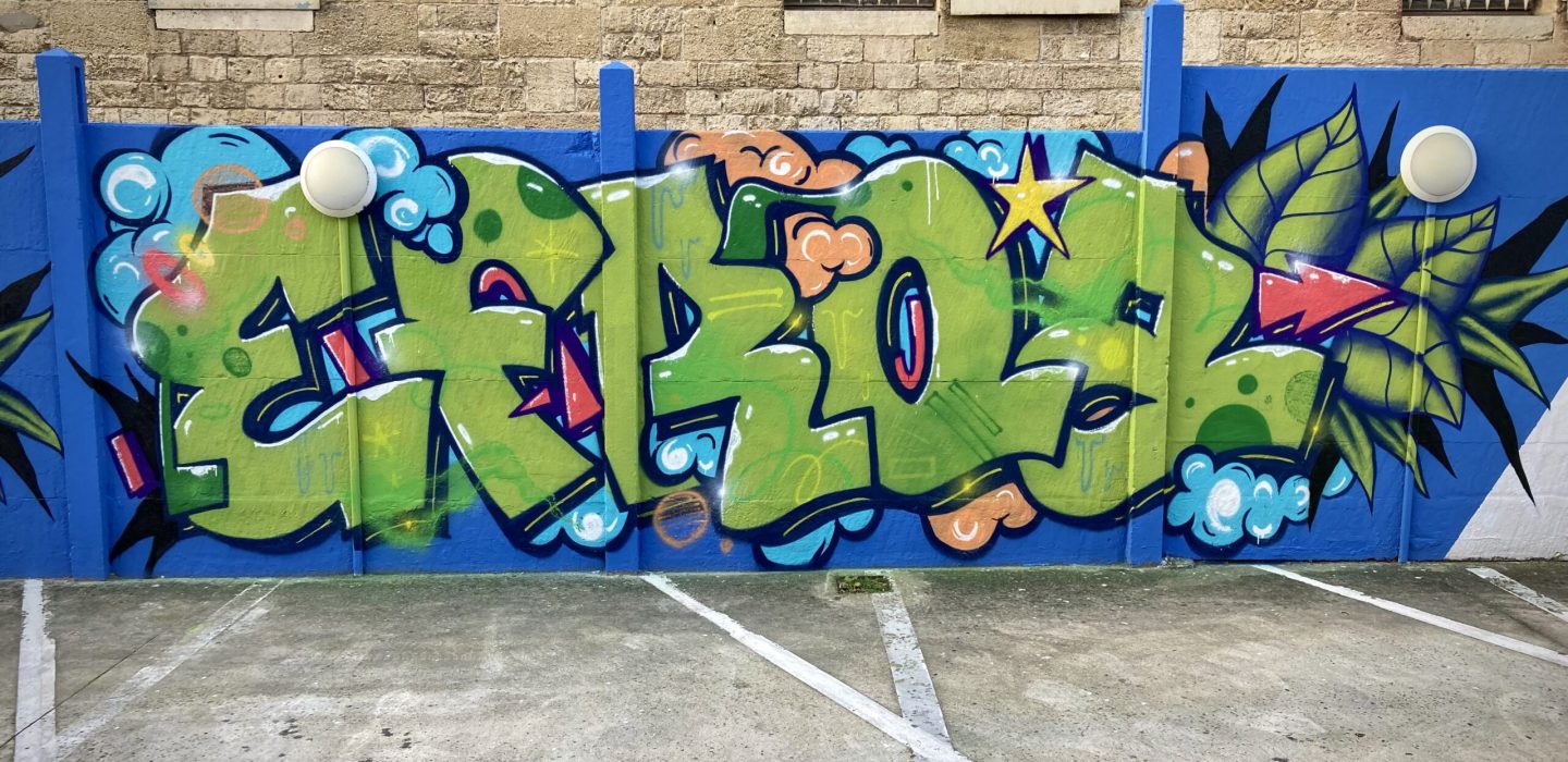 Lettrage graffiti vert finalisé sur mur bleu avec décors tropicaux et éléments graphiques street art à Bordeaux