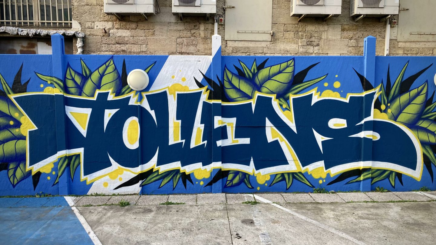 Lettrage graffiti bleu et blanc entouré de feuilles tropicales sur mur extérieur du parking Zolpan Bordeaux.
