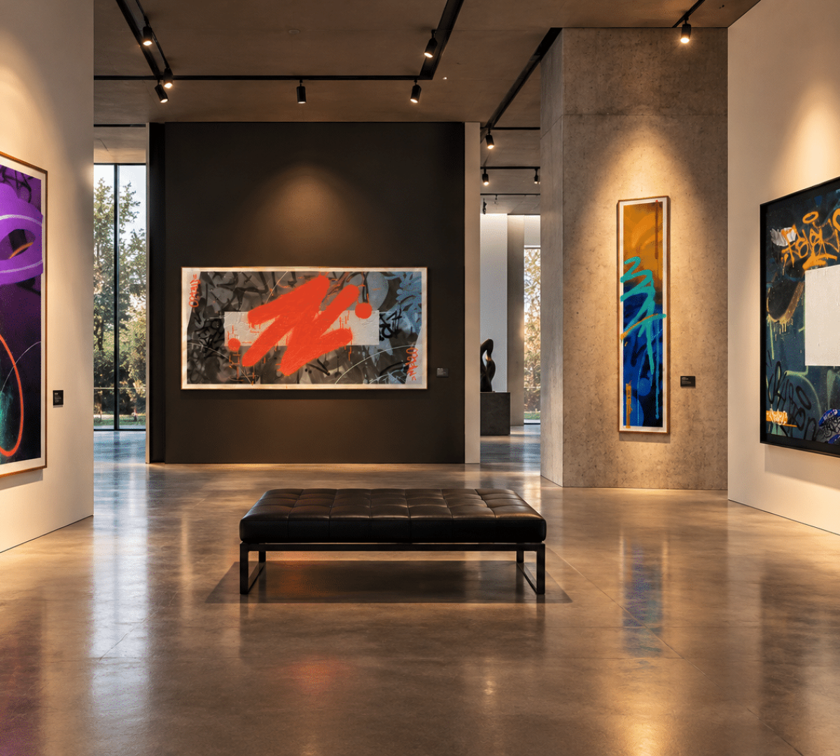 Galerie d'art contemporain présentant plusieurs tableaux street art de MEL20, aux compositions abstraites, lettrages graffiti et couleurs vives.