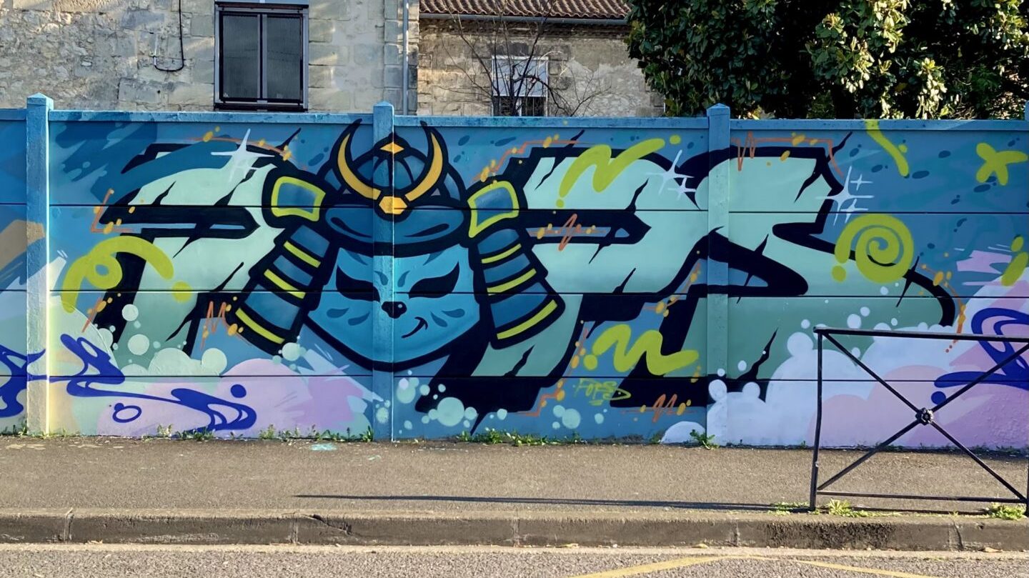 Graffiti Pops chat samouraï Chamouraï mur street art Cenon