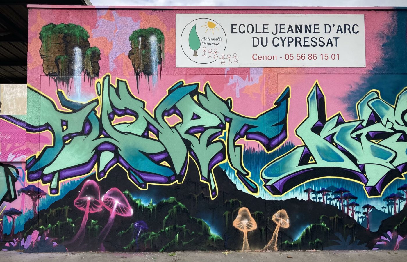 Fresque graffiti colorée devant l’école Jeanne d’Arc du Cypressat à Cenon