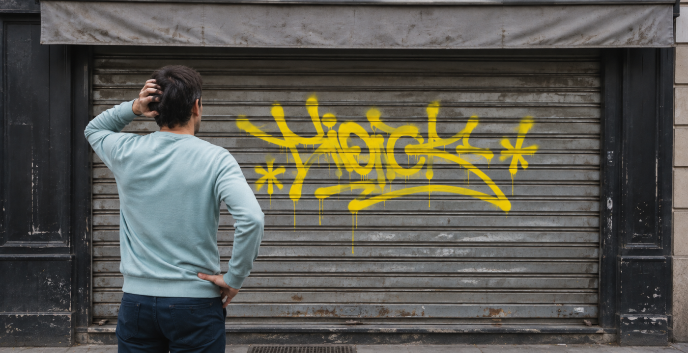 Homme observant un tag graffiti jaune réalisé sur le rideau métallique d’un commerce en ville.