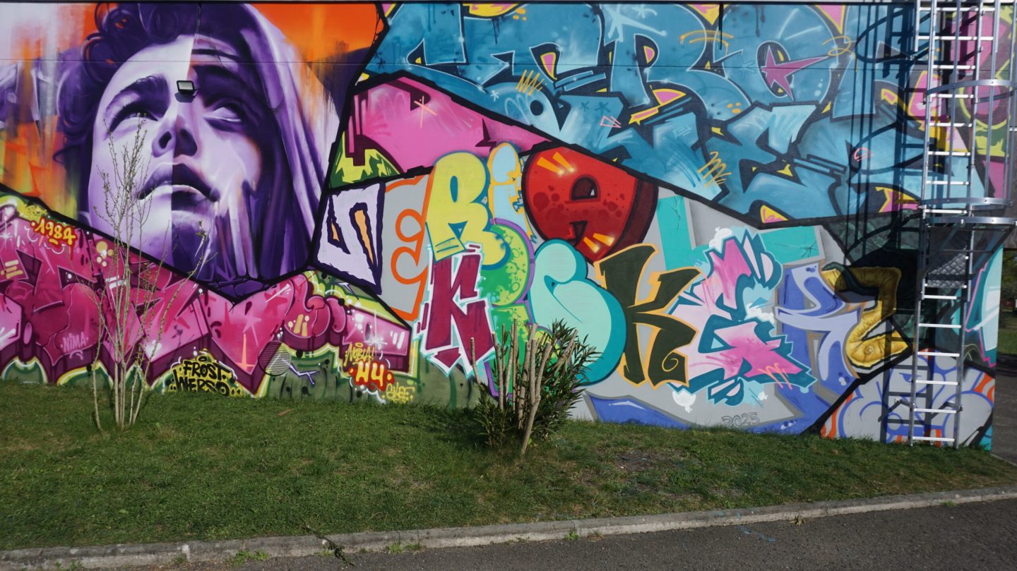 Fresque street art avec portrait réaliste et graffiti coloré réalisée au festival Hip Hop Serial Kickerz au Haillan.
