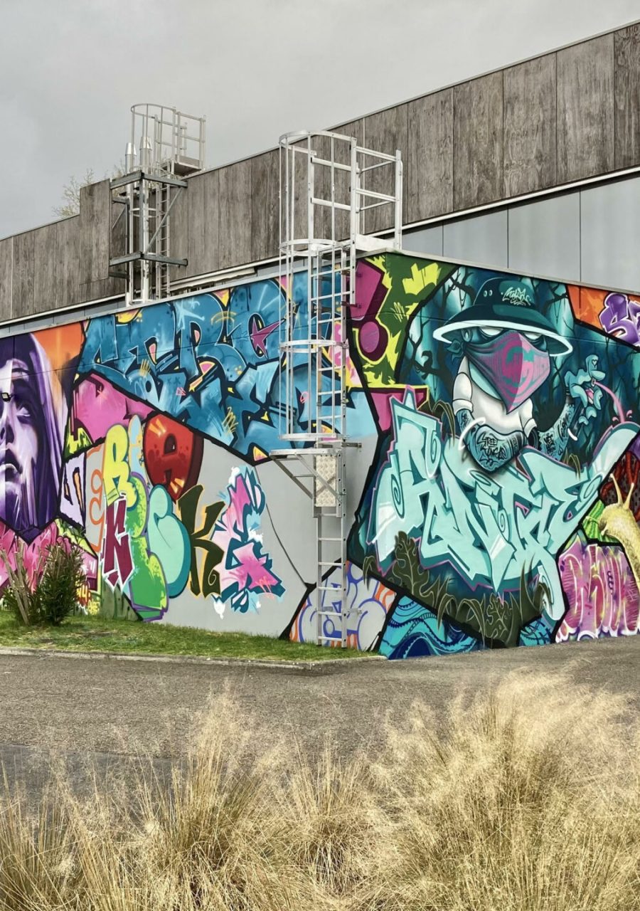Vue d’ensemble d’une fresque graffiti de 370m² réalisée lors du festival Hip Hop Serial Kickerz au Haillan.