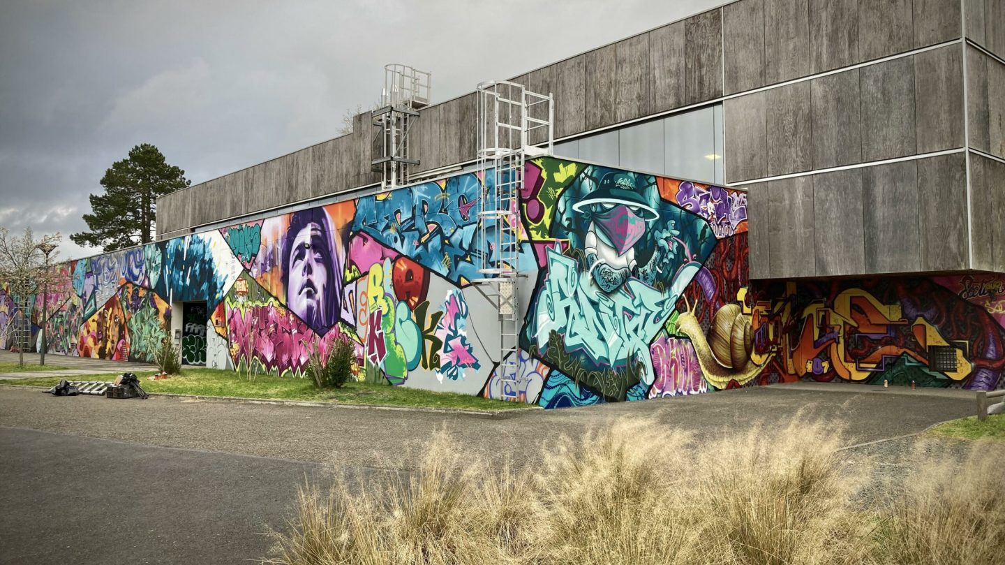 Vue d’ensemble d’une fresque graffiti de 370m² réalisée lors du festival Hip Hop Serial Kickerz au Haillan.